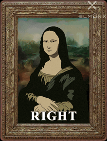 a framed painting of a woman with the word right below her