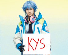 a person with blue hair and headphones holding a sign that says kys