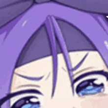 a close up of a purple haired anime girl with blue eyes .