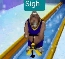 a cartoon character is riding a sled with the word sigh written above him