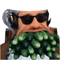 a man wearing sunglasses and headphones is holding a bunch of cucumbers