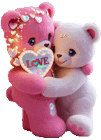 two teddy bears hugging each other with one holding a heart that says love on it