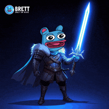 a cartoon drawing of a frog holding a sword with the name brett on the bottom