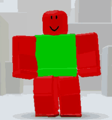 a red and green roblox character with a smile on his face