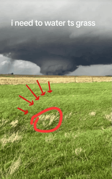 a picture of a tornado with the words i need to water ts grass on the bottom