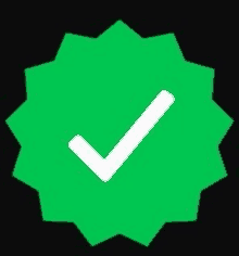 a green badge with a white check mark inside of it on a black background .