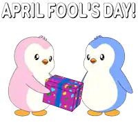 two penguins are celebrating april fool 's day with a gift box