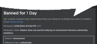 a black screen with a white speech bubble and the words banned for 1 day