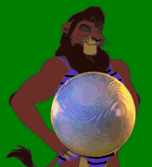 a cartoon of a lion holding a large ball in his hands