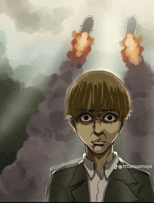 a drawing of a man in a suit with rockets flying in the background