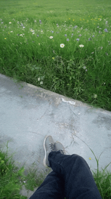 a person 's feet are on a sidewalk in front of a field of grass