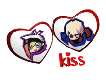 a couple of heart shaped buttons with the word kiss below them