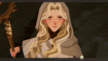 a close up of a woman 's face in a video game with a stop button