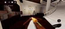 a screenshot of a video game with a crossbow and stairs in the background