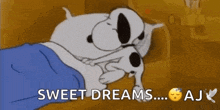 a cartoon dog is sleeping in a bed with the words `` sweet dreams ... aj '' .