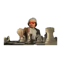 a man wearing red sunglasses is playing chess with a white background