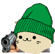 a cat wearing a green beanie is holding a gun .