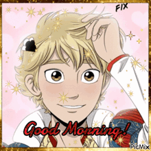 a picture of a boy with the words good morning on the bottom