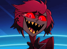 a close up of a cartoon character with red eyes and teeth