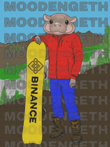 a cartoon drawing of a cow holding a yellow snowboard with the word binance on it