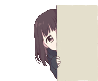 a girl peeking out from behind a wall with a white background