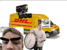 a man holding a clock stands in front of a dhl van