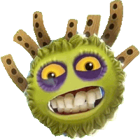 a green cartoon monster with purple eyes and a big mouth is holding a bunch of horseshoes .