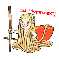 a cartoon of a woman with long hair and a bowl of noodles says i 'm independent ..