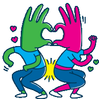 a cartoon drawing of two people making a heart shape with their hands