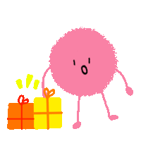 a pink cartoon character with a surprised look on his face is holding a yellow gift box