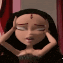 a cartoon girl is holding her head with her hands .