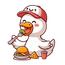 a cartoon duck is eating a hamburger with a fork and a drink .