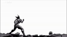 a black and white drawing of a man and a monster .