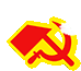 a red hammer and sickle on a yellow background with a red arrow pointing up .