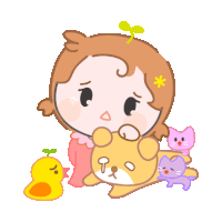 a cartoon of a girl holding a teddy bear surrounded by cats and a yellow duck