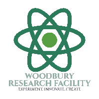 a logo for woodbury research facility with a green atomic symbol