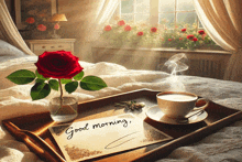 a tray with a rose a cup of coffee and a note that says good morning