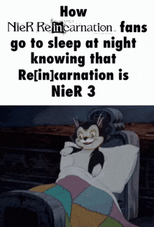 a cartoon cat is laying in a bed with the words how nier reincarnation fans go to sleep