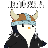 a cartoon penguin wearing a viking helmet and a spiked jacket says time to party