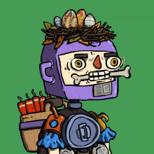 a cartoon drawing of a robot with eggs on its head