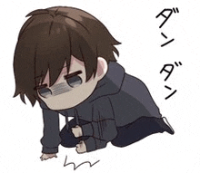 a chibi boy is kneeling down on the ground with his eyes closed and a hoodie on .