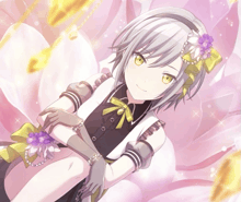 a girl with white hair and green eyes is sitting in front of a flower