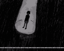 a black and white drawing of a boy standing in the dark in the rain .