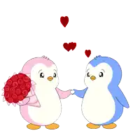 a pink penguin is holding a bouquet of red roses while a blue penguin blows a kiss