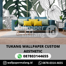 a living room with a blue couch and yellow pillows and the words tukang wallpaper custom aesthetic on the bottom