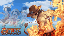 a poster for one piece shows a man in a hat with flames around his neck