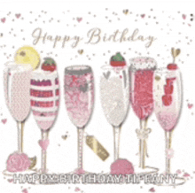 a happy birthday card with a row of champagne glasses filled with different drinks .