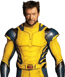 a man in a yellow and blue superhero costume with a red x on his belt