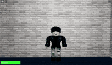 a roblox character standing in front of a brick wall