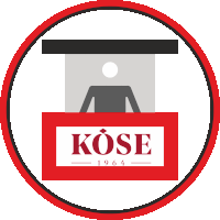 a red circle with a man behind a counter that says kose 1964